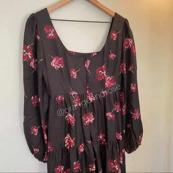 NICHOLAS Black Pink Floral Square Neck Long Balloon Sleeve Silk Maxi Dress 6 - Picture 12 of 14